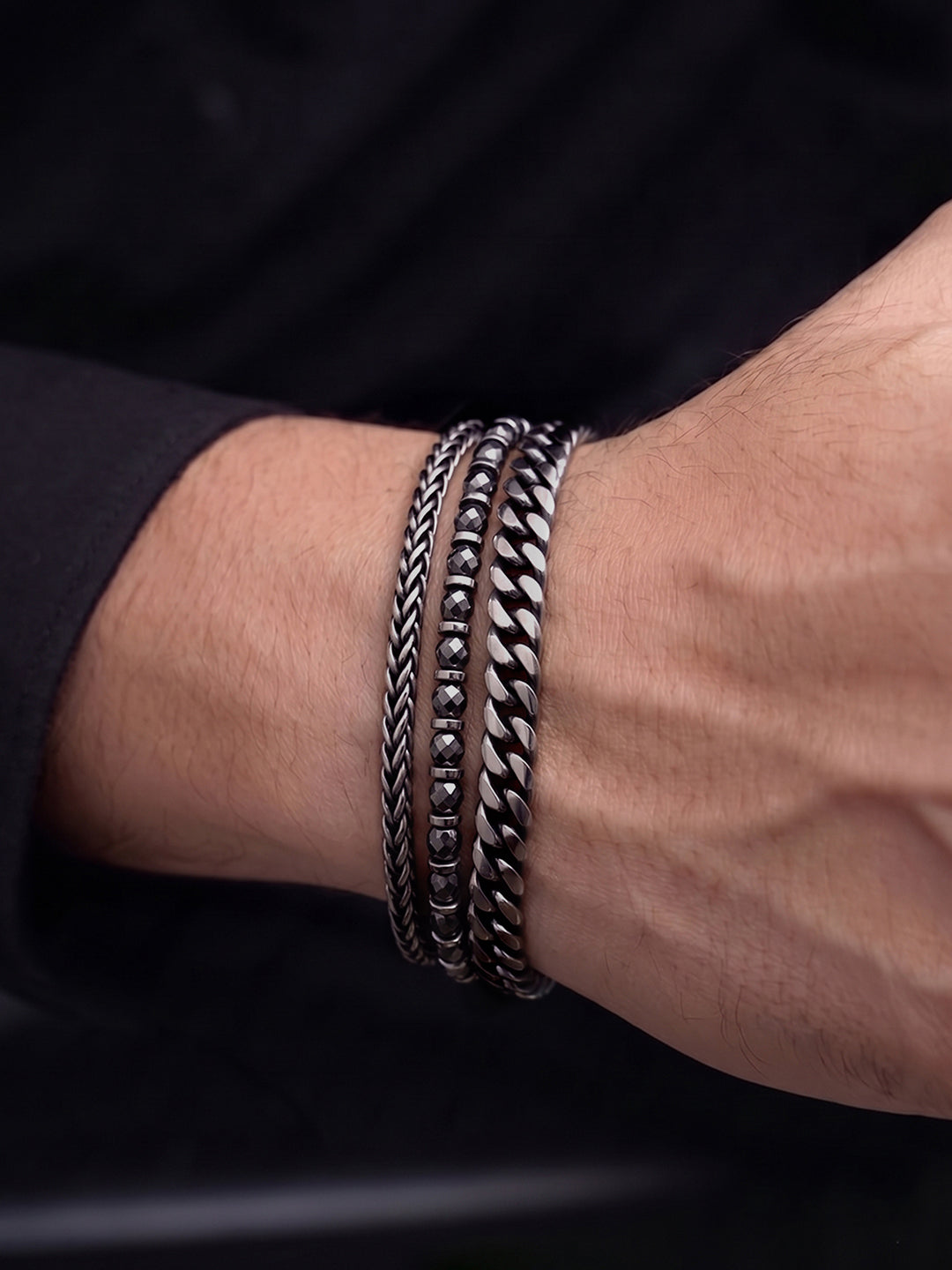 Evran Chain Beaded Silver - Black Men’s Bracelet Set