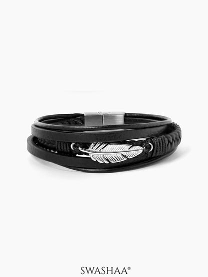 Floki Men's Leather Bracelet Silver - Feather