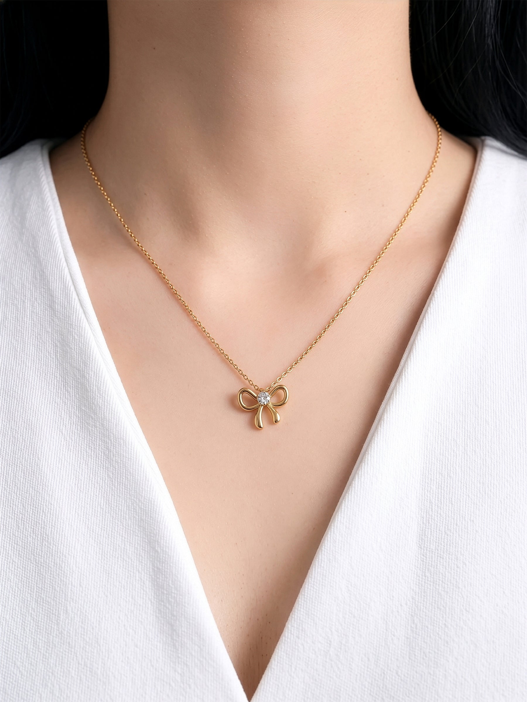 Florina Bow Heart Solitaire 18K Gold Plated Necklace