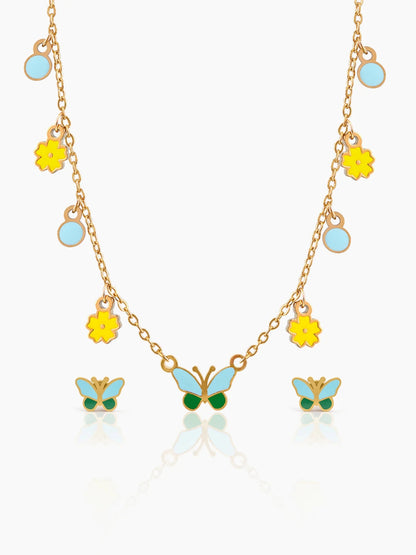 Furry Butterfly 18K Gold Plated Kid's Jewelry Set Of 2 – Necklace & Earrings Gold