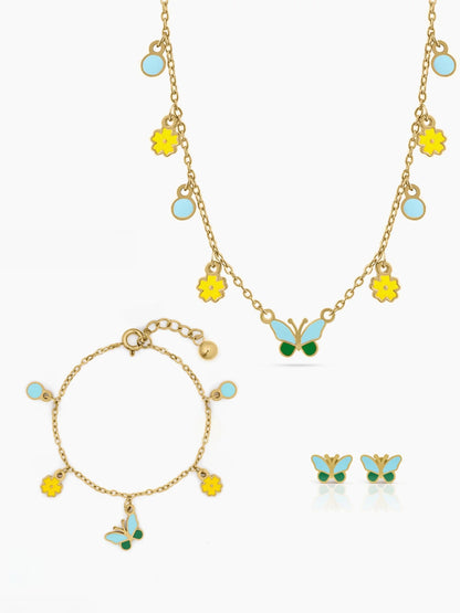 Furry Butterfly 18K Gold Plated Kid's Jewelry Set Of 3 - Necklace, Bracelet & Earrings Gold