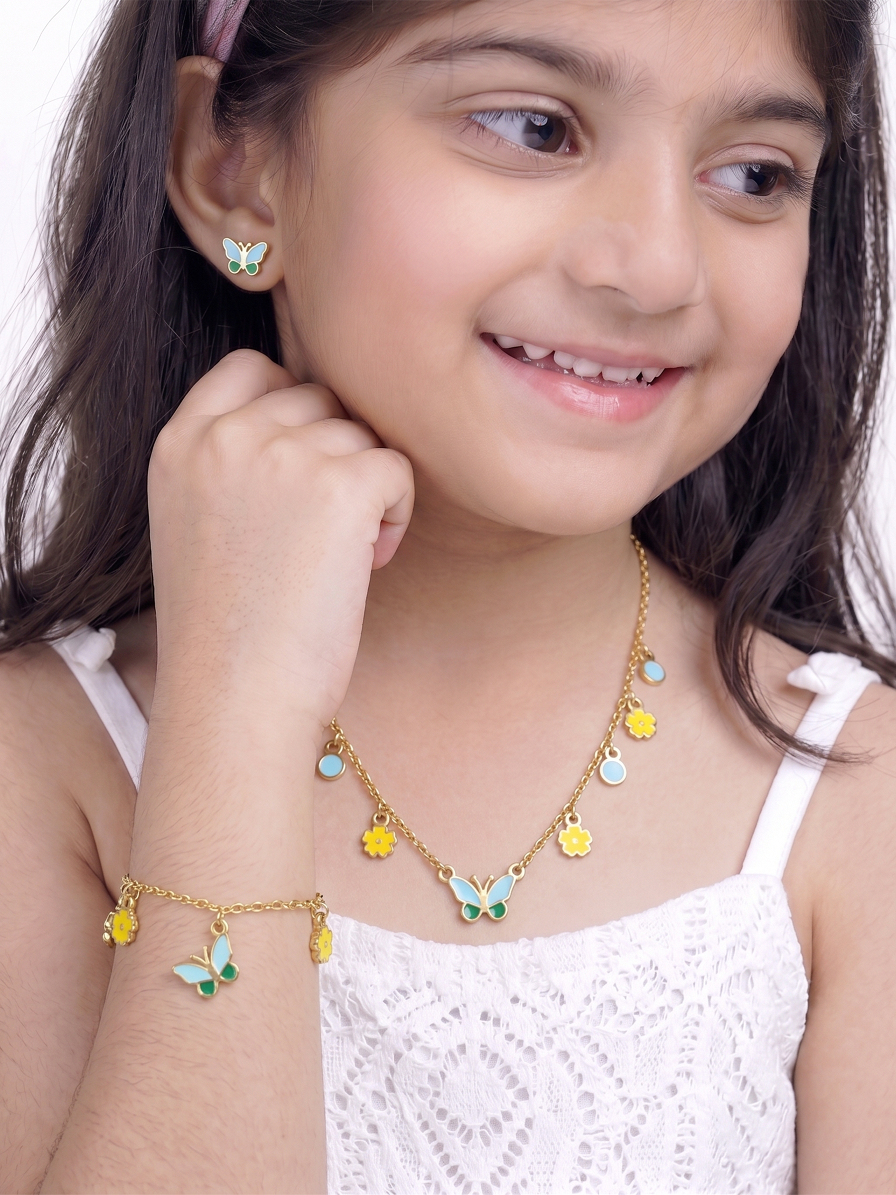 Furry Butterfly 18K Gold Plated Kid's Jewelry Set Of 3 - Necklace, Bracelet & Earrings