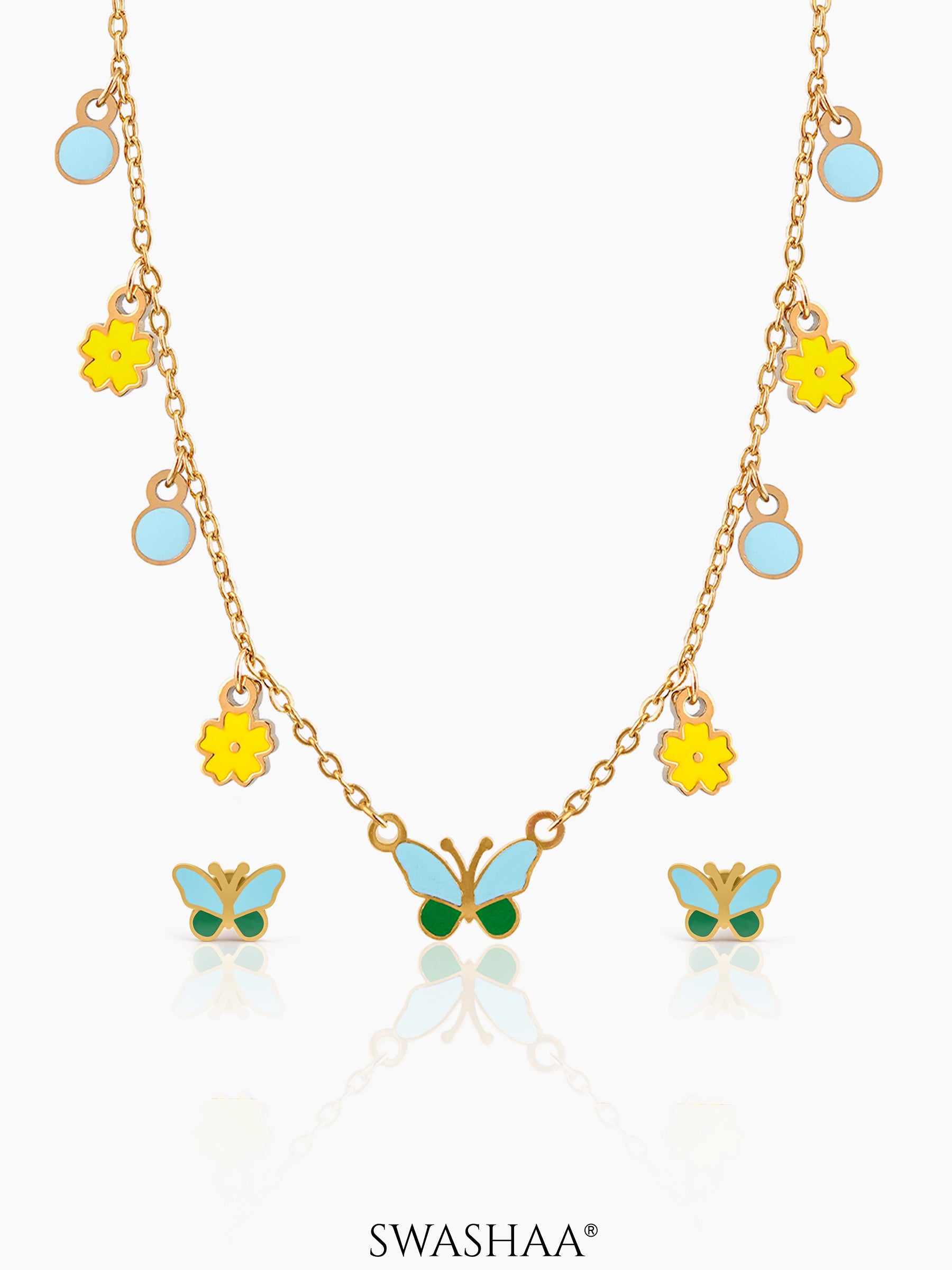 Furry Butterfly Kid's Jewelry Set Of 2 – Necklace & Earrings Gold