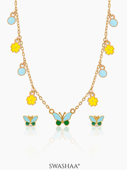 Furry Butterfly Kid's Jewelry Set Of 2 – Necklace & Earrings 18K Gold Plated