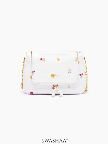Garden Gems White Leather Shoulder Bag