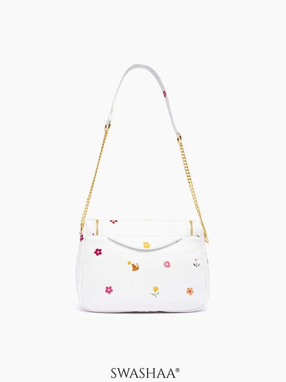 Garden Gems White Leather Shoulder Bag