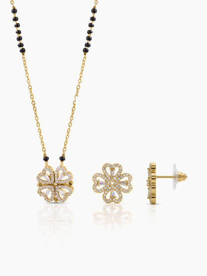 Gleaming Clover 18K Gold Plated Mangalsutra Jewelry Set Of 2 - Necklace & Earrings Gold