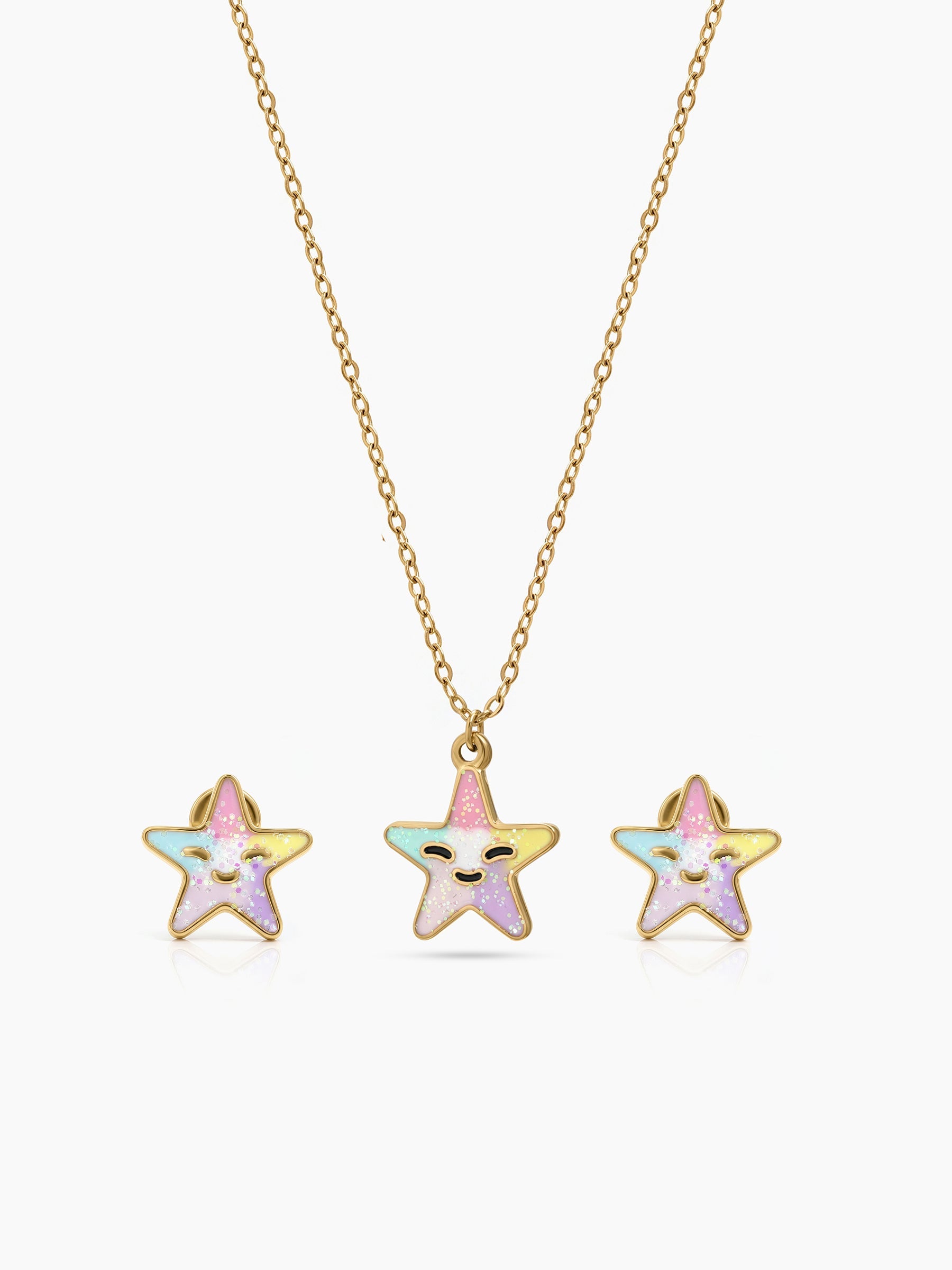 Happy Star Charm 18K Gold Plated Kid's Jewelry Set Of 2 - Necklace & Earrings Gold