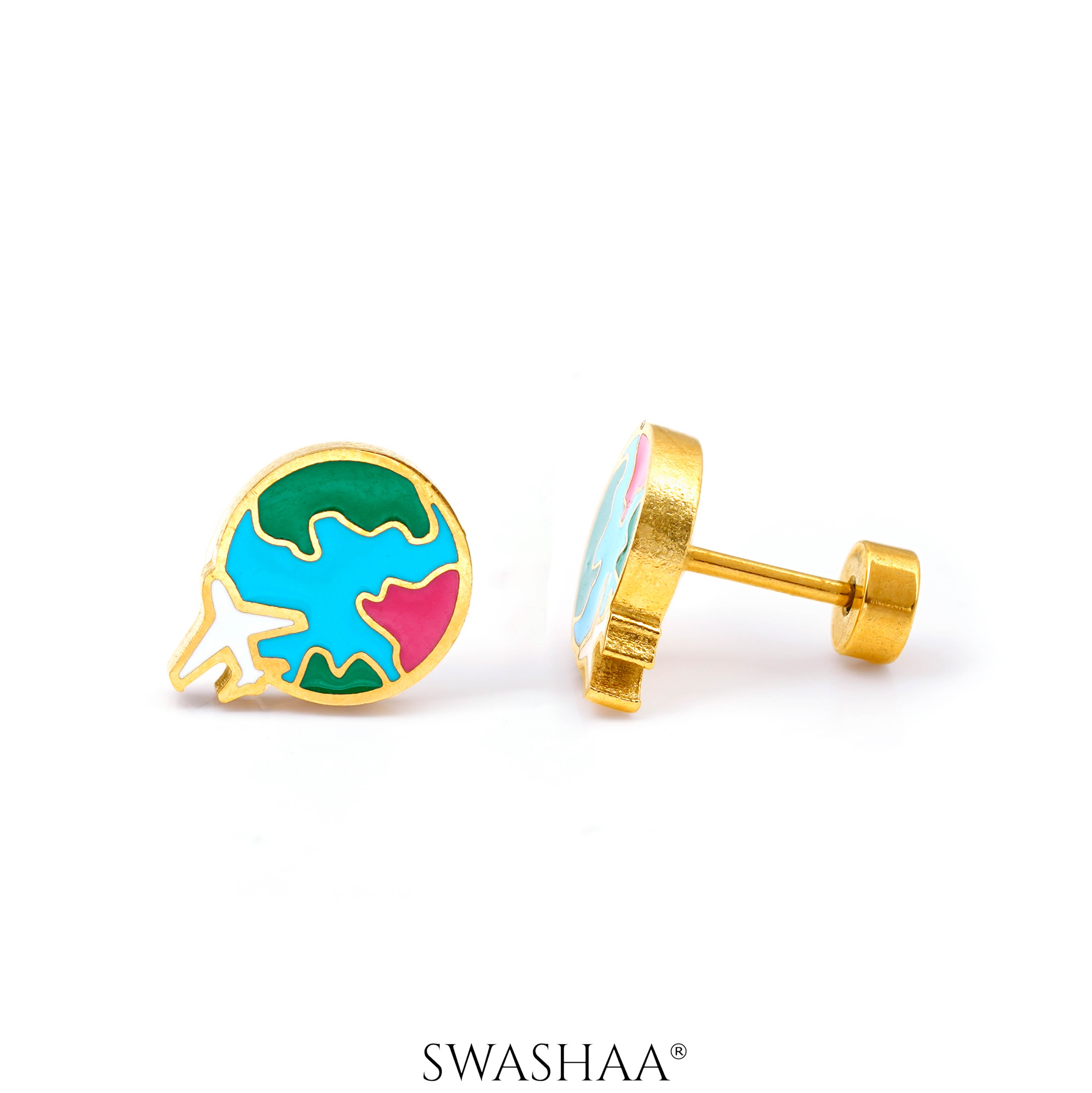 Hello World 18K Gold Plated Kid's Earrings Gold