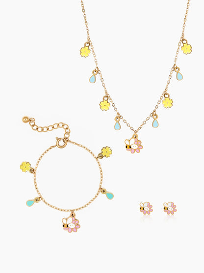 Honey Bee Bloom 18K Gold Plated Kid's Jewelry Set Of 3 - Necklace, Earrings & Bracelet Gold