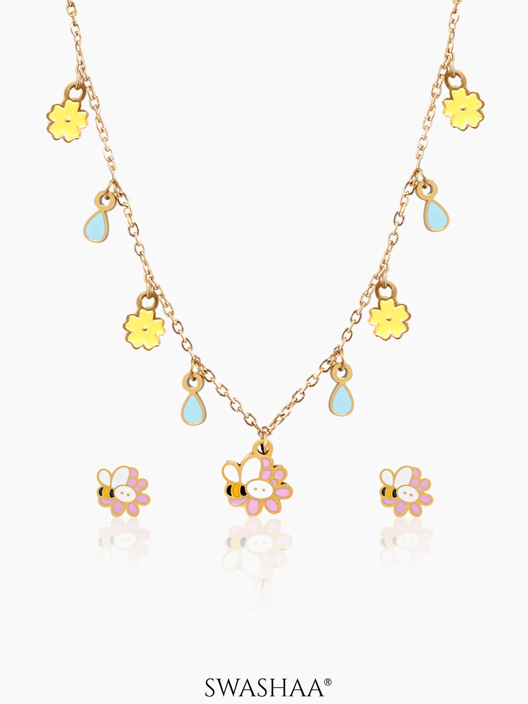 Honey Bee Bloom Kid's Jewelry Set Of 2 – Necklace & Earrings Gold