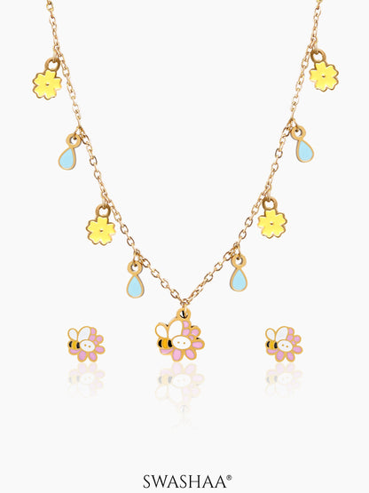 Honey Bee Bloom Kid's Jewelry Set Of 2 – Necklace & Earrings 18K Gold Plated