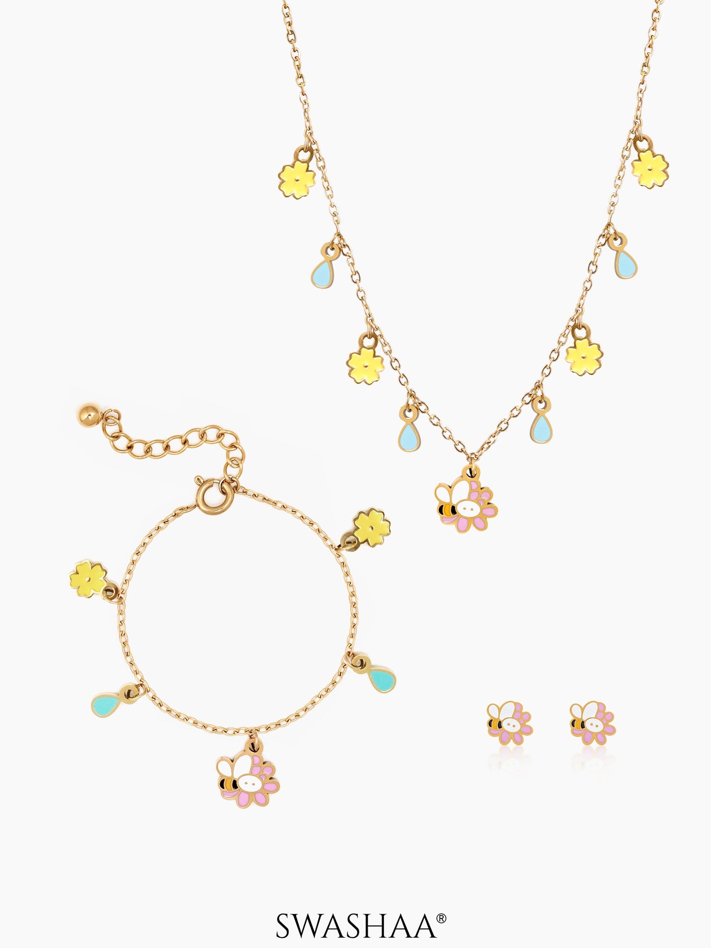 Honey Bee Bloom Kid's Jewelry Set Of 3 – Necklace, Earrings & Bracelet Gold