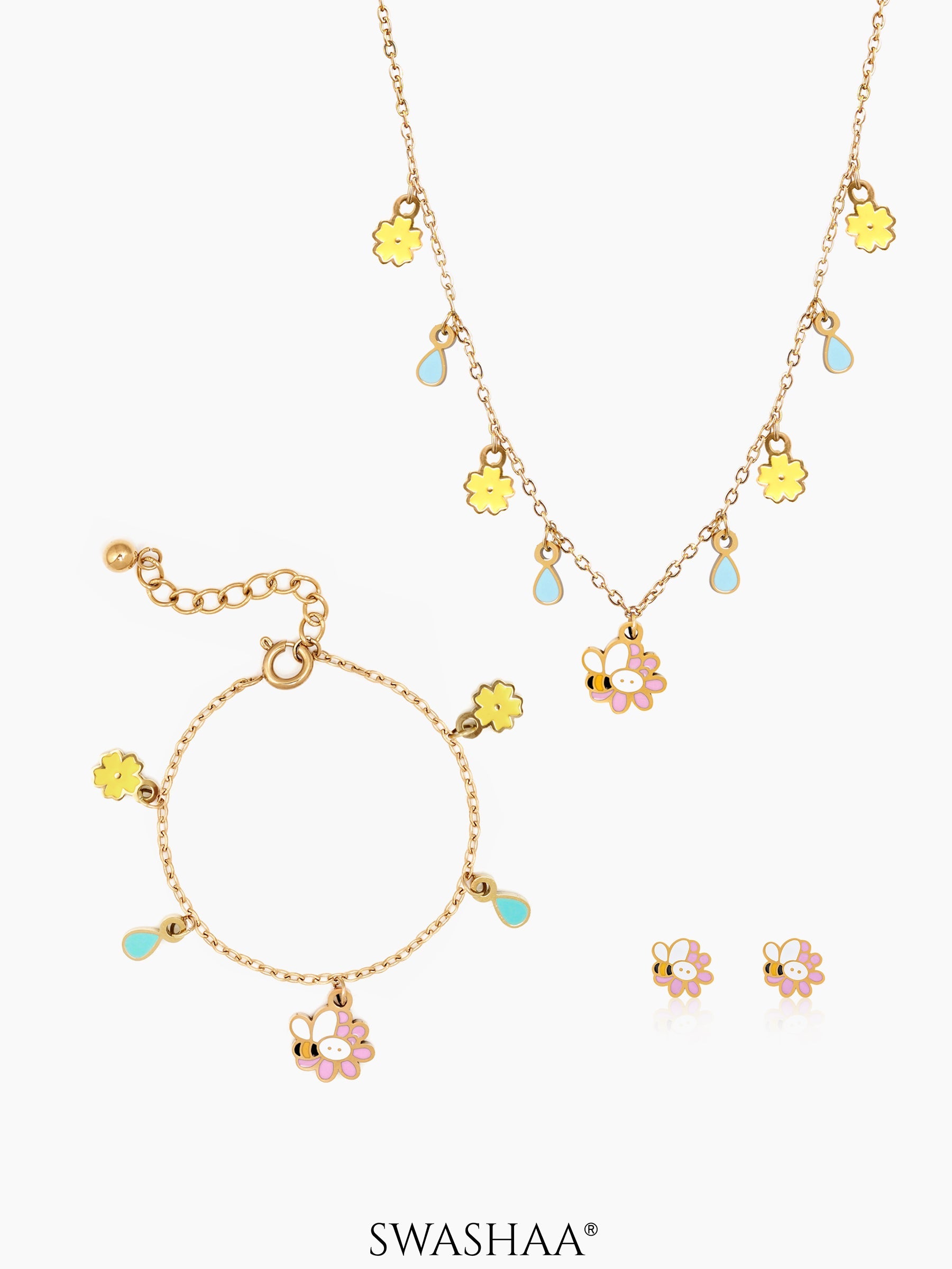 Honey Bee Bloom Kid's Jewelry Set Of 3 – Necklace, Earrings & Bracelet Gold