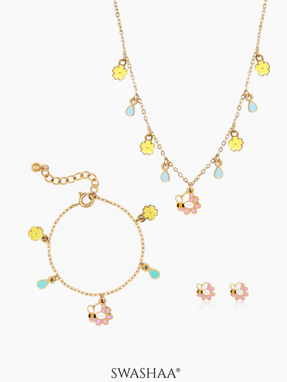 Honey Bee Bloom Kid's Jewelry Set Of 3 - Necklace, Earrings & Bracelet 18K Gold Plated