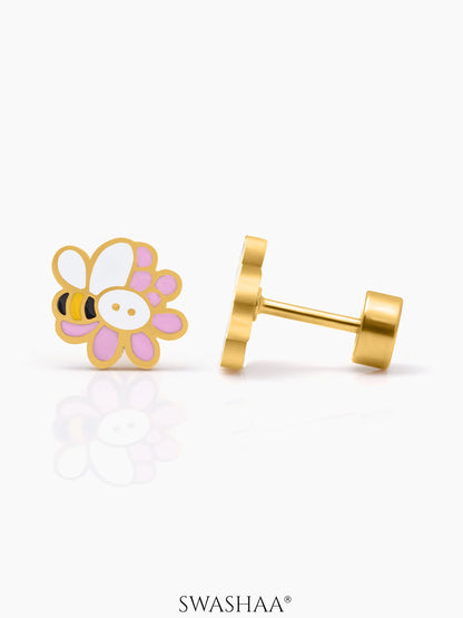 Honey Bee Bloom 18K Gold Plated Kid's Stud Earrings Gold