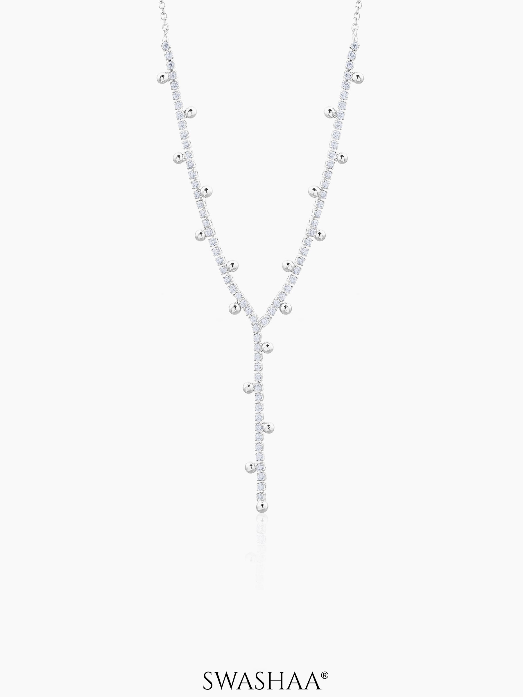Jane Silver Beads Charms Diamonds Studded Y-shaped Chain Pendant  Necklace