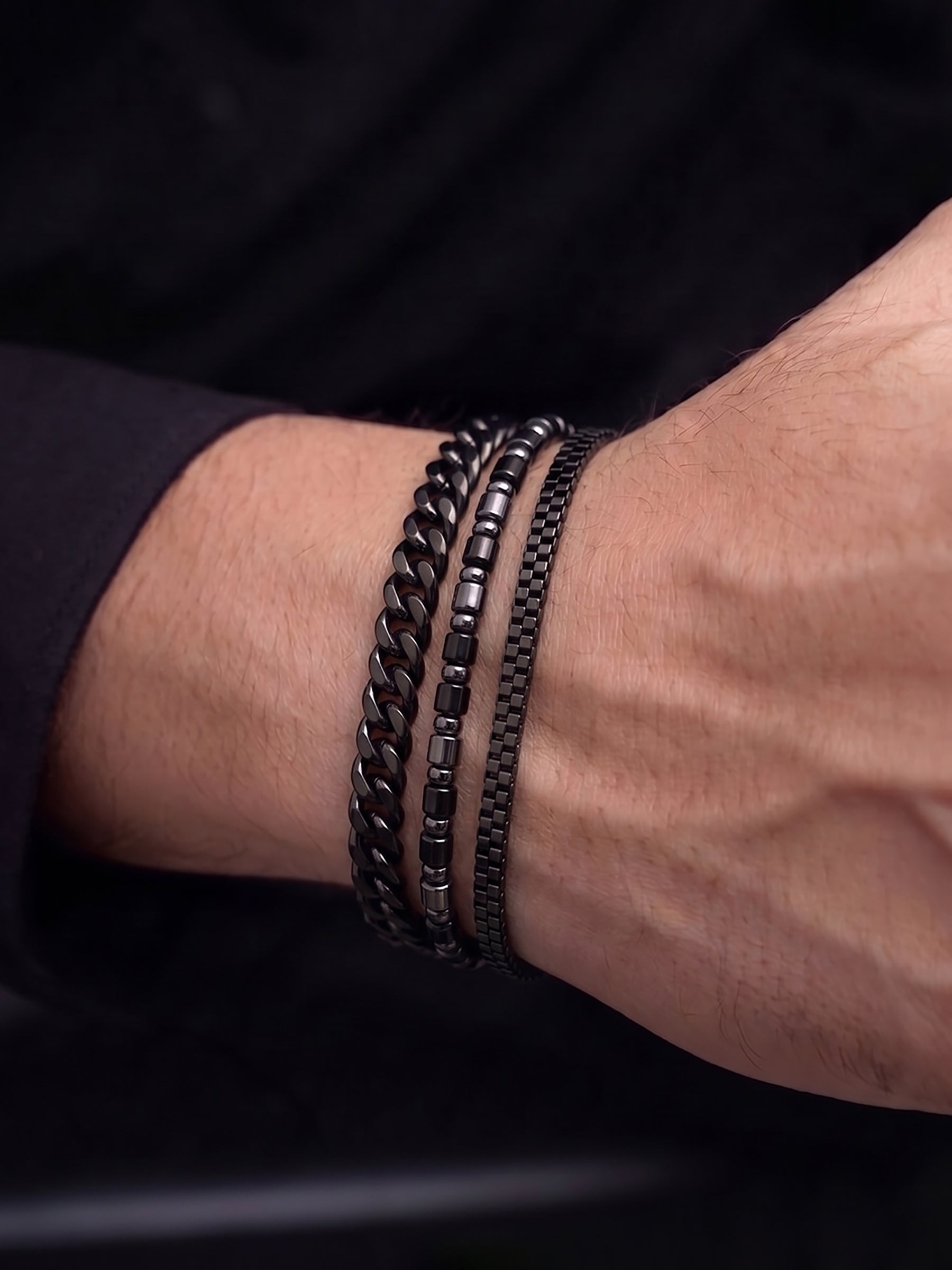 Kaiven Beaded Silver - Black Men’s Bracelet Set