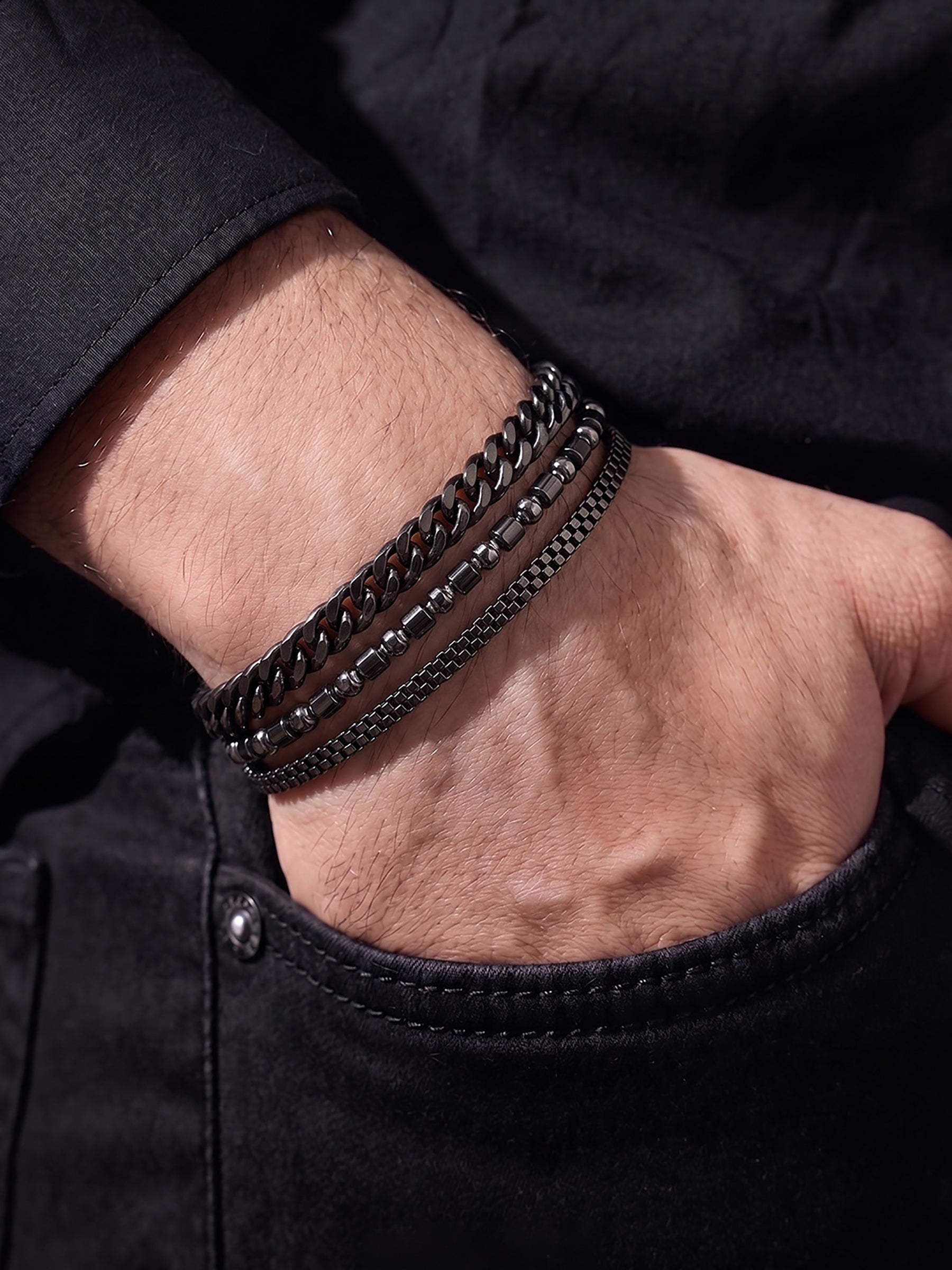 Kaiven Beaded Silver - Black Men’s Bracelet Set
