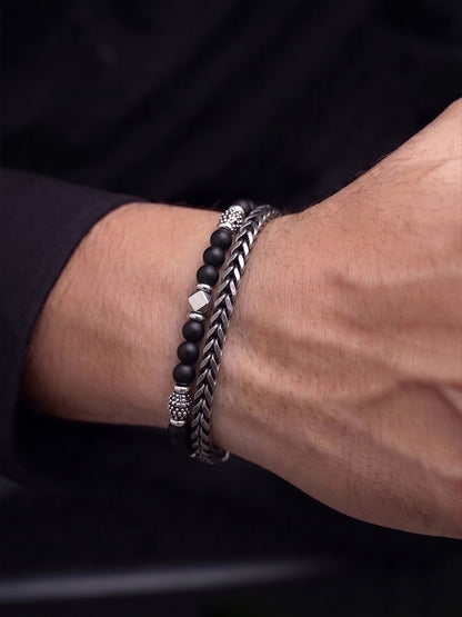 Kalen Beaded Black - Silver Men’s Bracelet