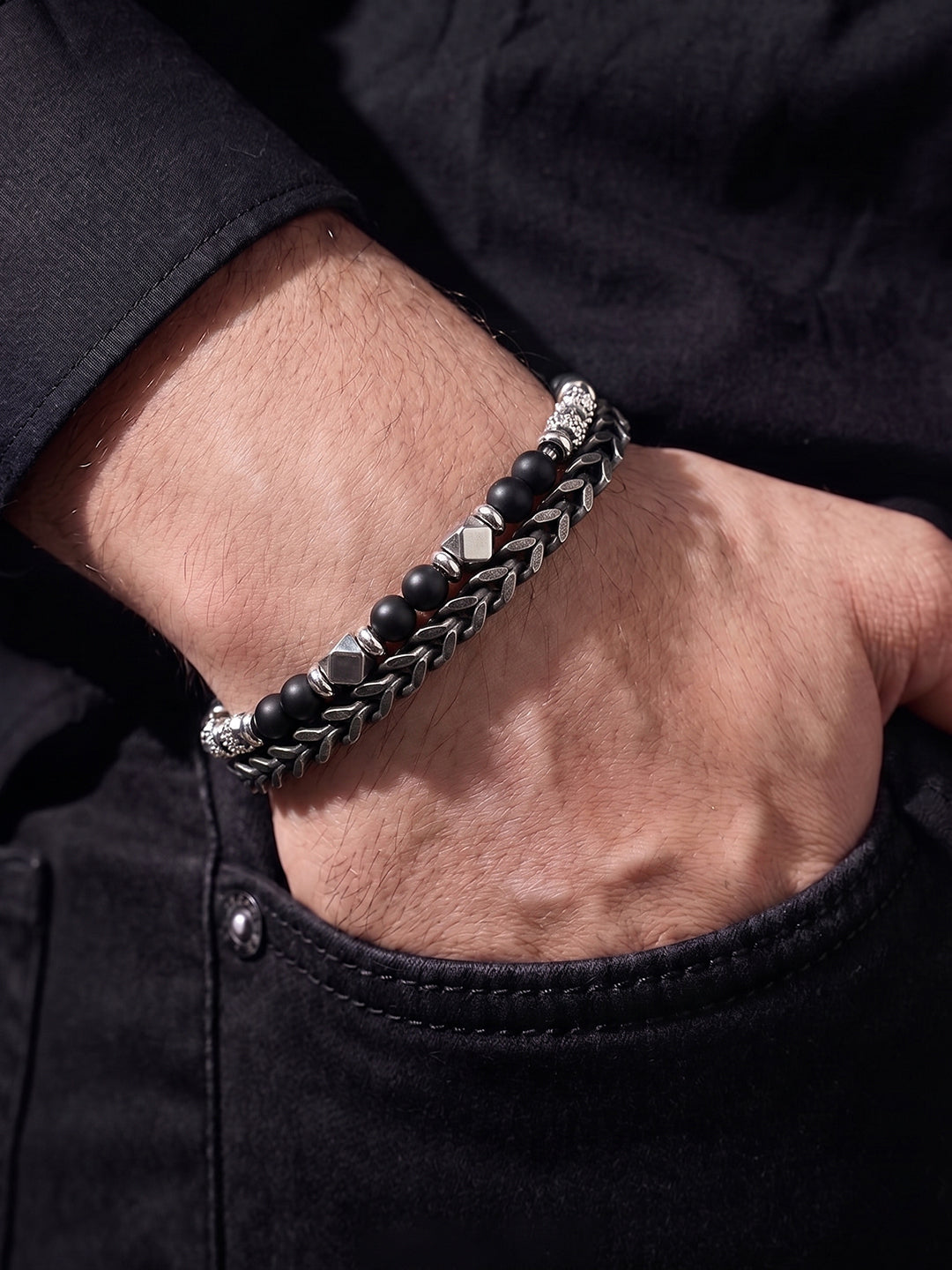 Kalen Beaded Black - Silver Men’s Bracelet