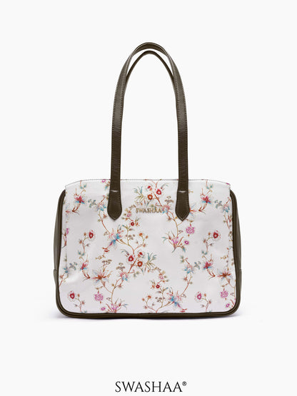Lavish Loom Leather Tote Bag White Floral - Olive Green
