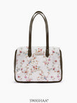 Lavish Loom Leather Tote Bag White Floral - Olive Green