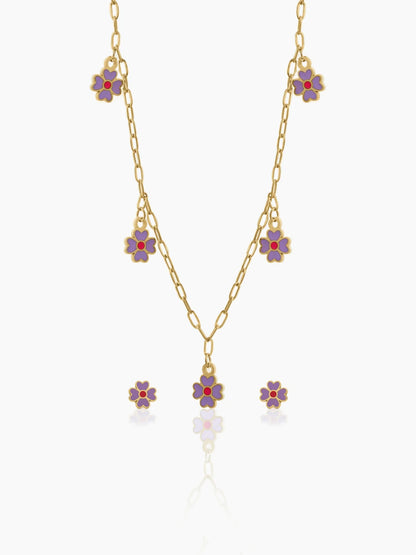 Lilac Charms 18K Gold Plated Kid's Jewelry Set Of 2 - Necklace & Earrings Gold