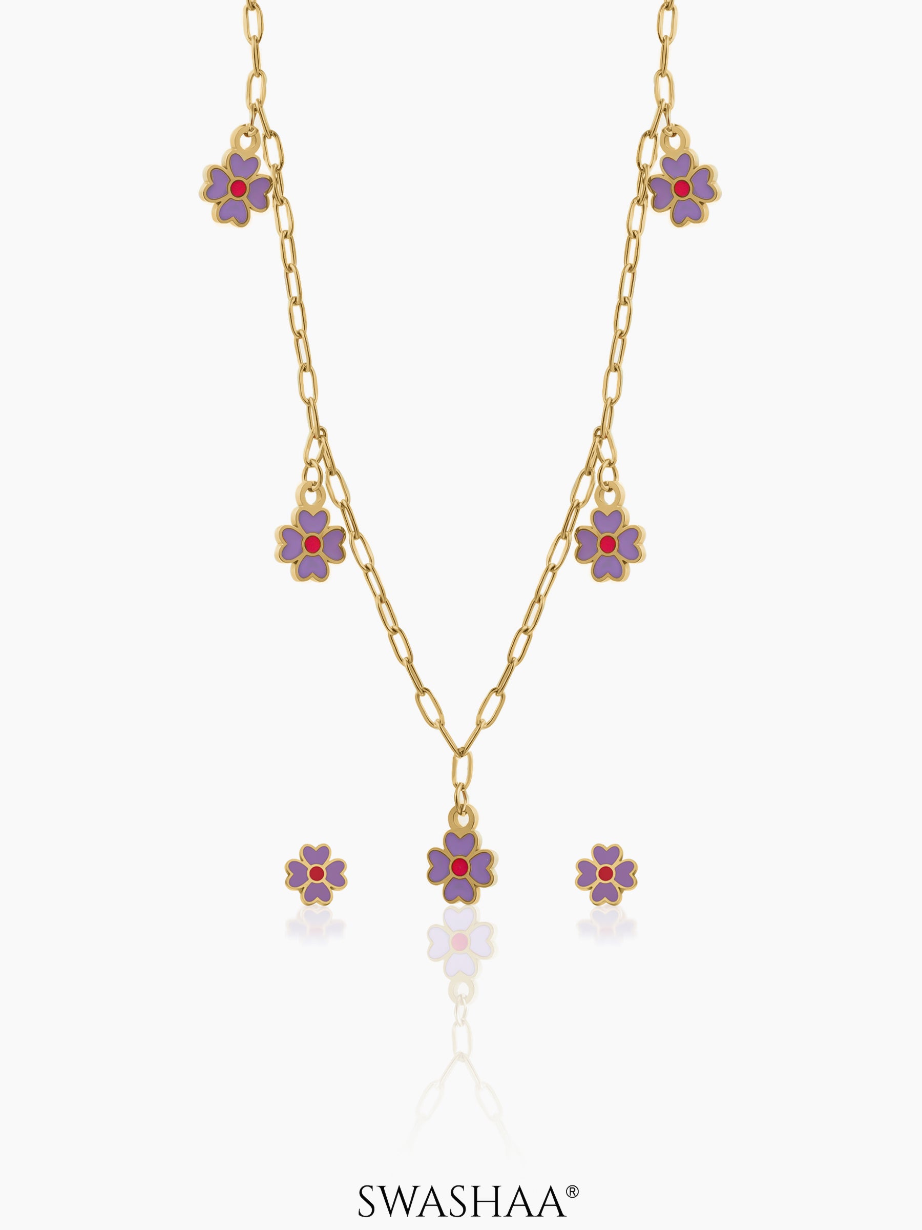 Lilac Charms Kid's Jewelry Set Of 2 - Necklace & Earrings 18K Gold Plated