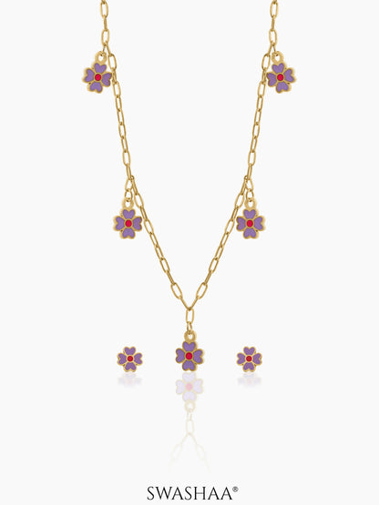 Lilac Charms Kid's Jewelry Set Of 2 - Necklace & Earrings 18K Gold Plated