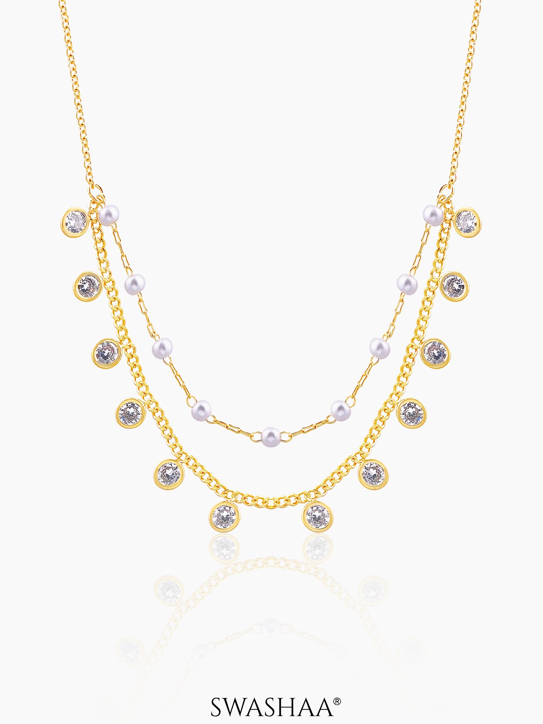 Liza Pearl Lariat Diamond Charms 18K Gold Plated Choker Gold