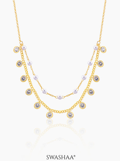 Liza Pearl Lariat Diamond Charms 18K Gold Plated Choker Gold