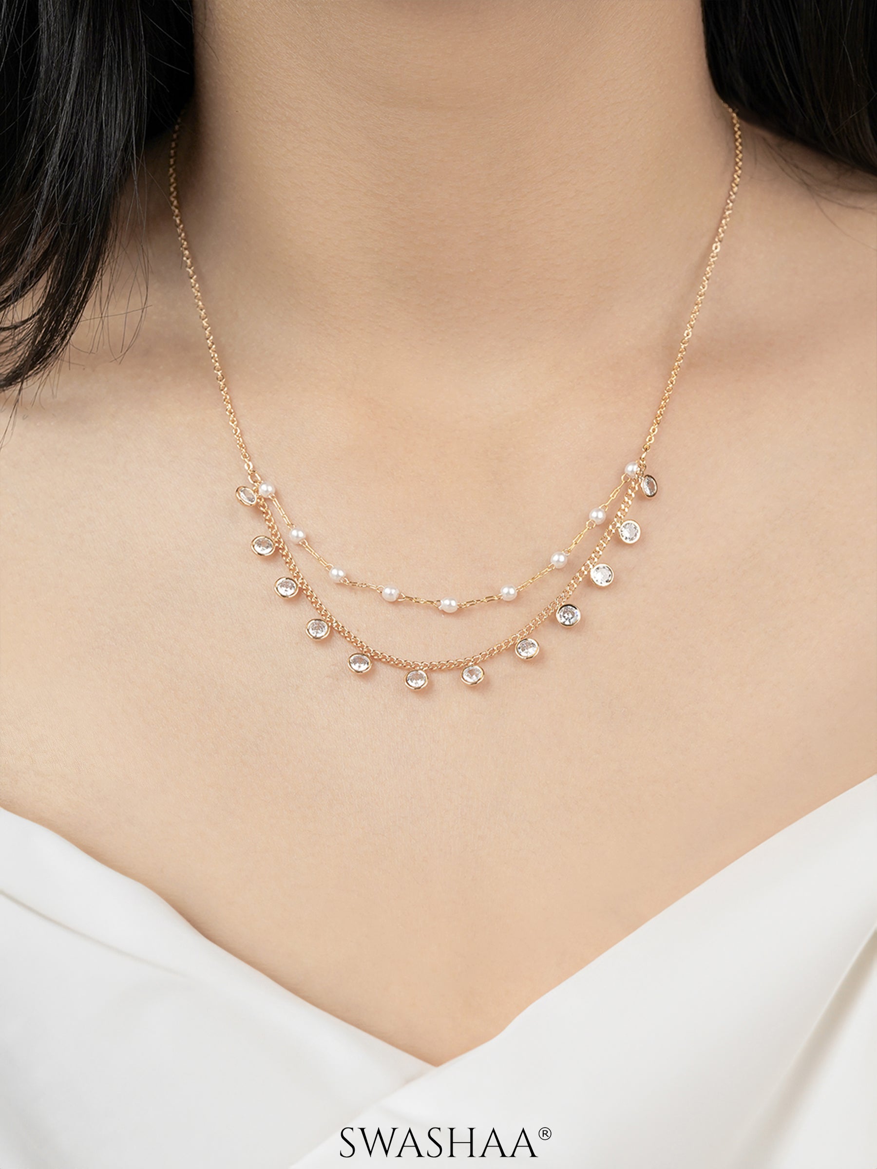 Liza Pearl Lariat Diamond Charms 18K Gold Plated Choker