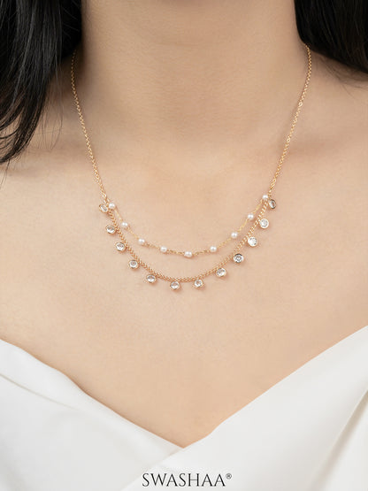 Liza Pearl Lariat Diamond Charms 18K Gold Plated Choker