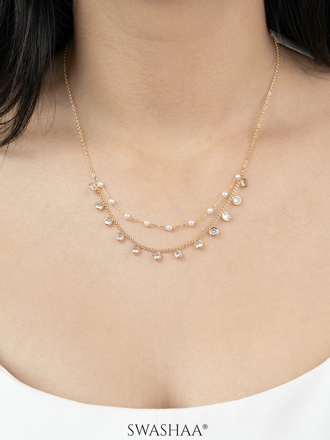 Liza Pearl Lariat Diamond Charms 18K Gold Plated Choker