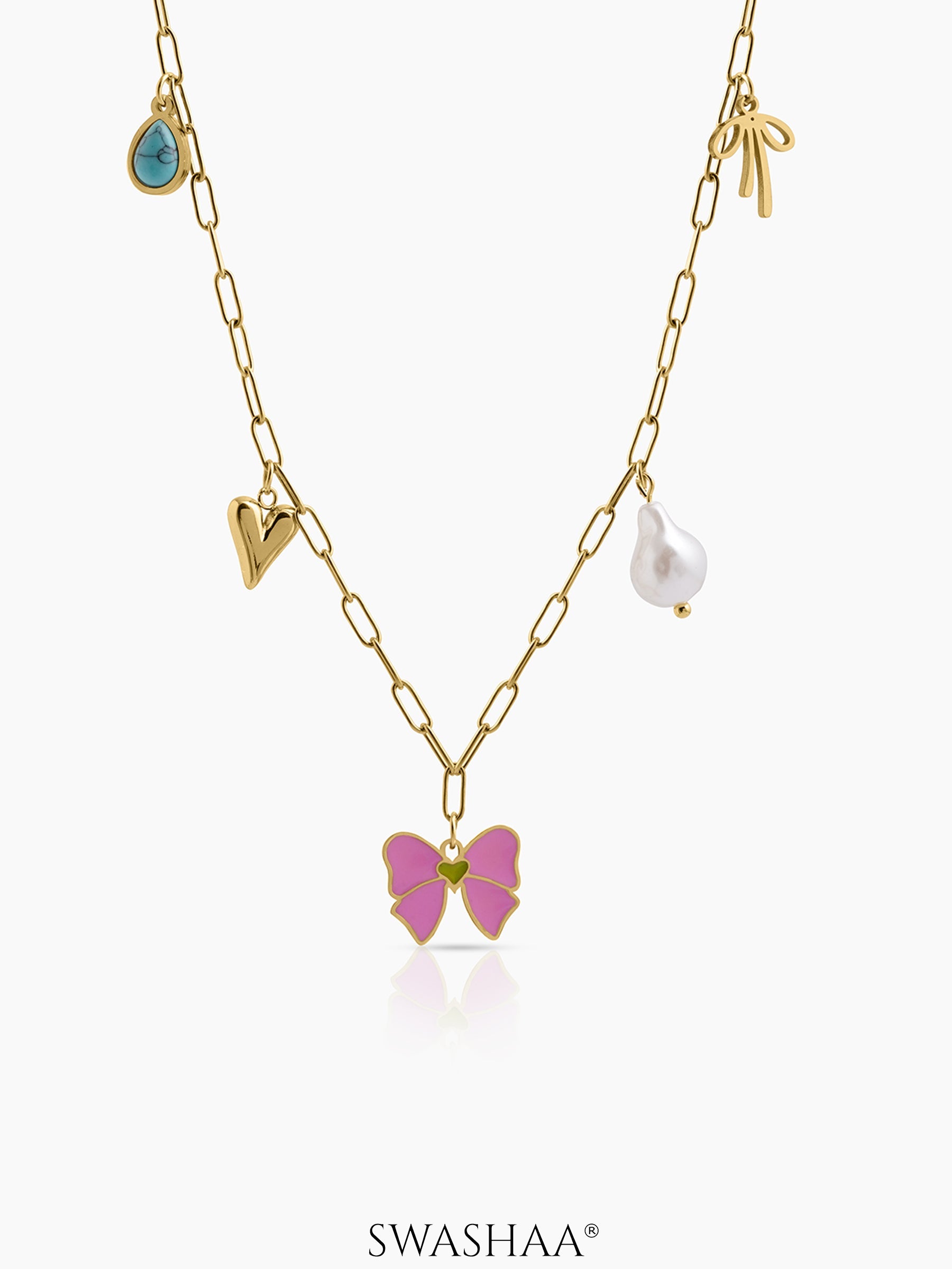 Maribel Bow Pearl Charms Necklace 18K Gold Plated