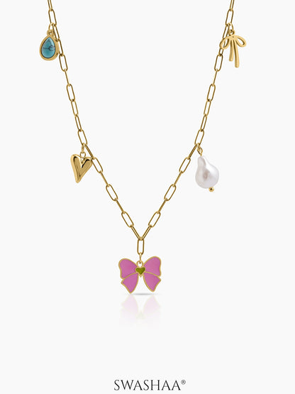 Maribel Bow Pearl Charms Necklace 18K Gold Plated