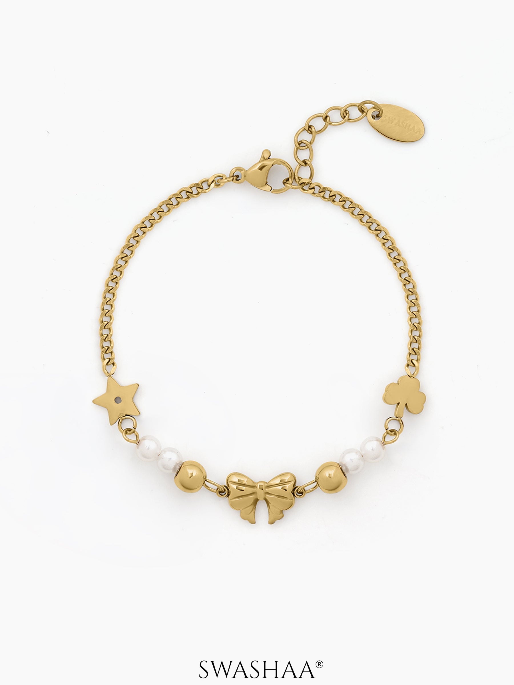 Melviana Bow Pearl Charm Chain Bracelet 18K Gold Plated