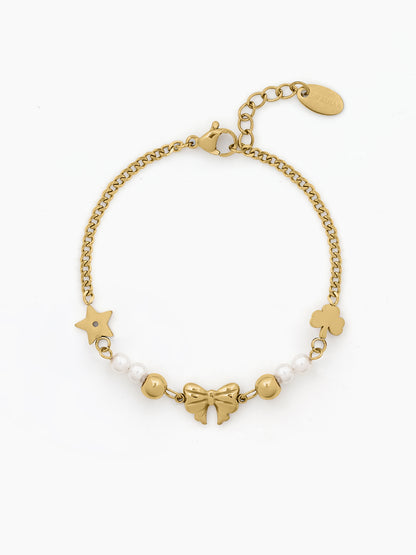 Melviana Bow Pearl 18K Gold Plated Charm Chain Bracelet Gold