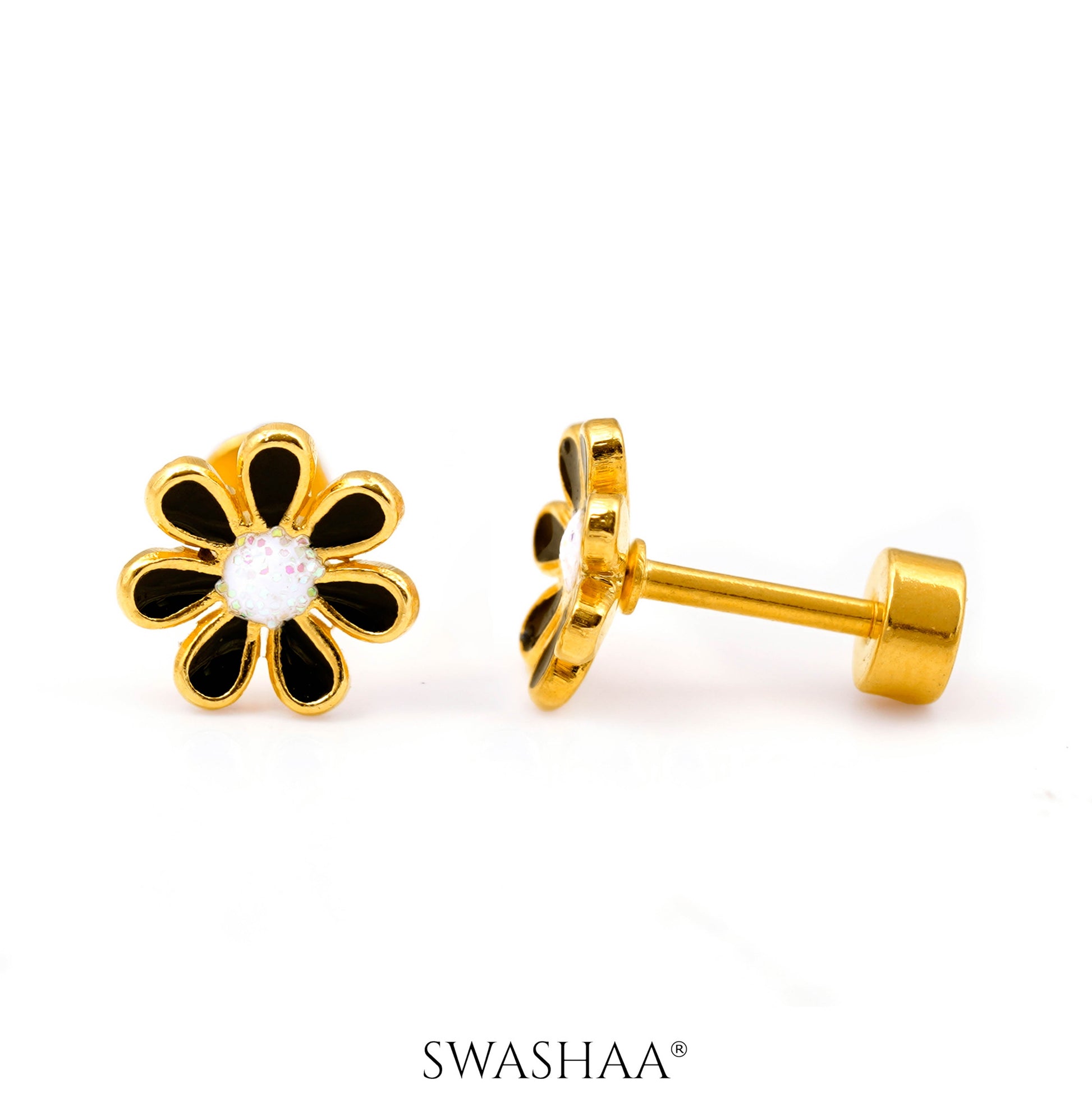 Miss Flower 18K Gold Plated Kid's Earrings Black