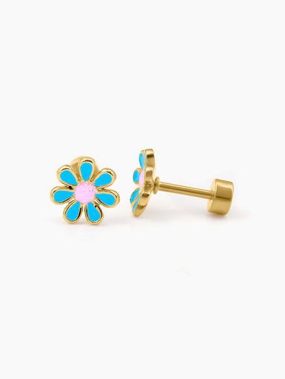 Miss Sky Blue Flower 18K Gold Plated Kid's Earrings Gold
