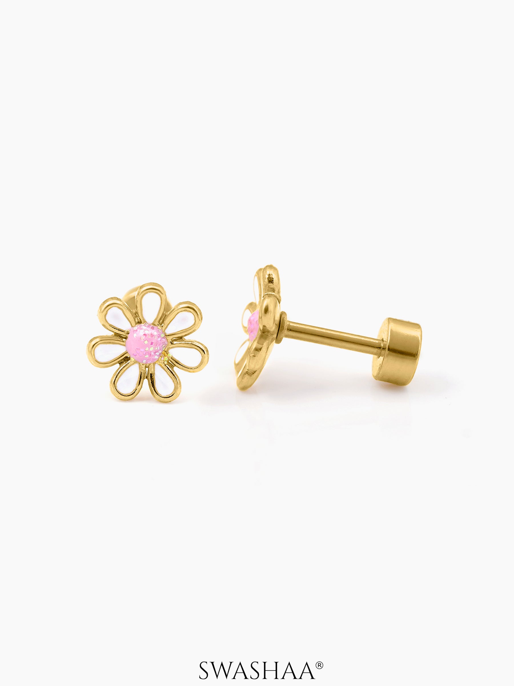 Miss Flower 18K Gold Plated Kid's Earrings White