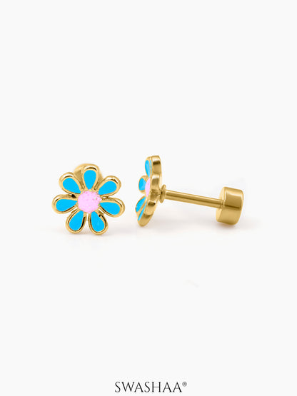 Miss Flower 18K Gold Plated Kid's Earrings Sky Blue