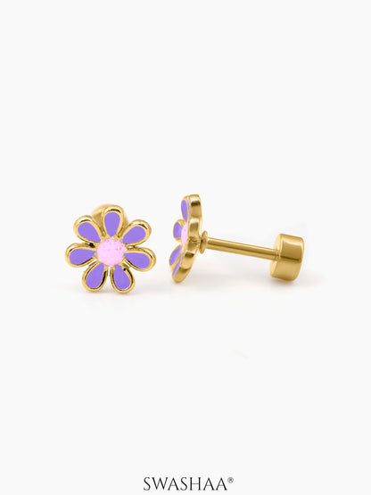 Miss Flower 18K Gold Plated Kid's Earrings Purple