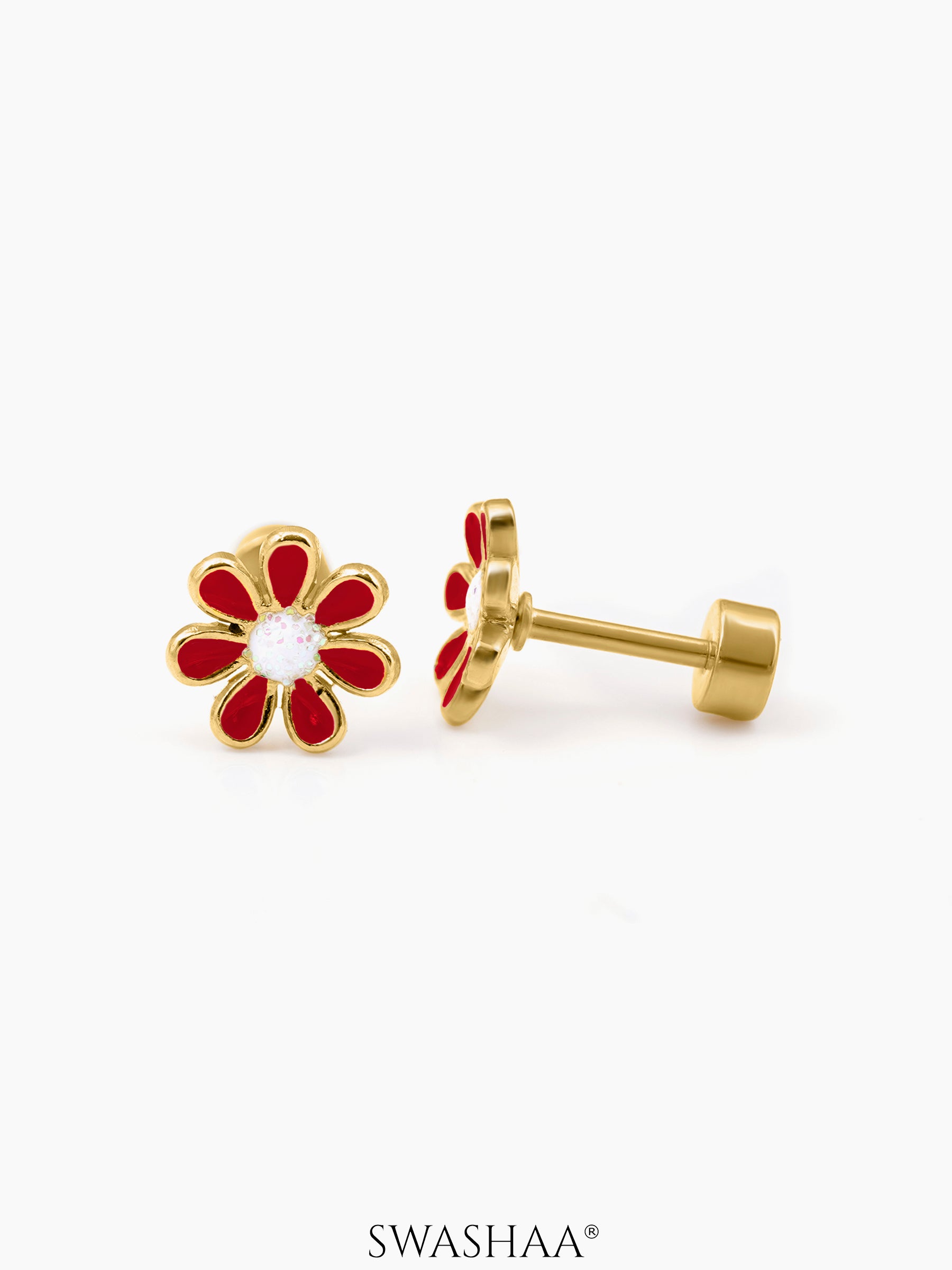 Miss Flower 18K Gold Plated Kid's Earrings Red
