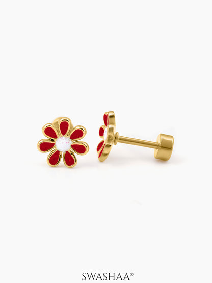 Miss Flower 18K Gold Plated Kid's Earrings Red
