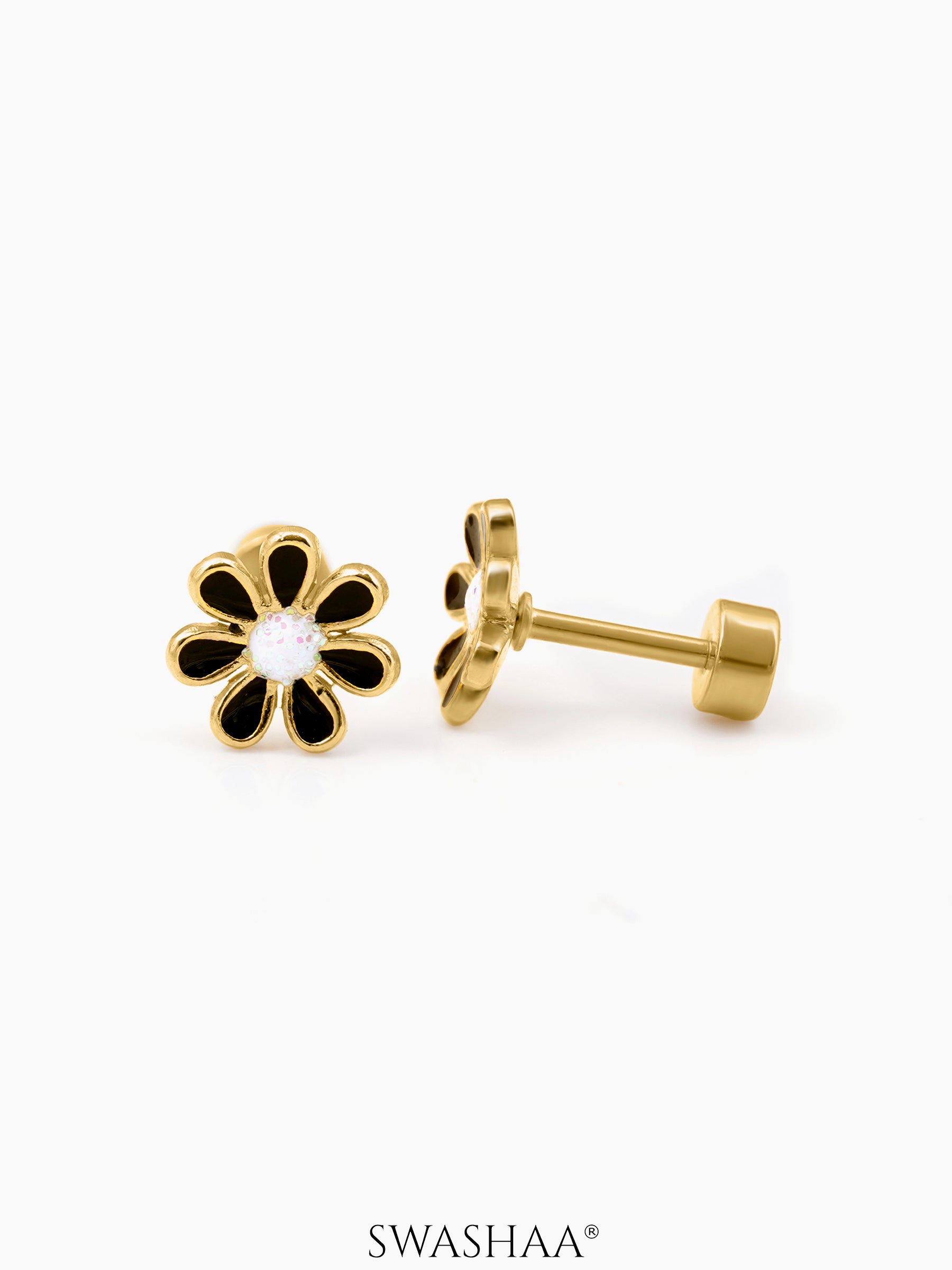 Miss Flower 18K Gold Plated Kid's Earrings Black