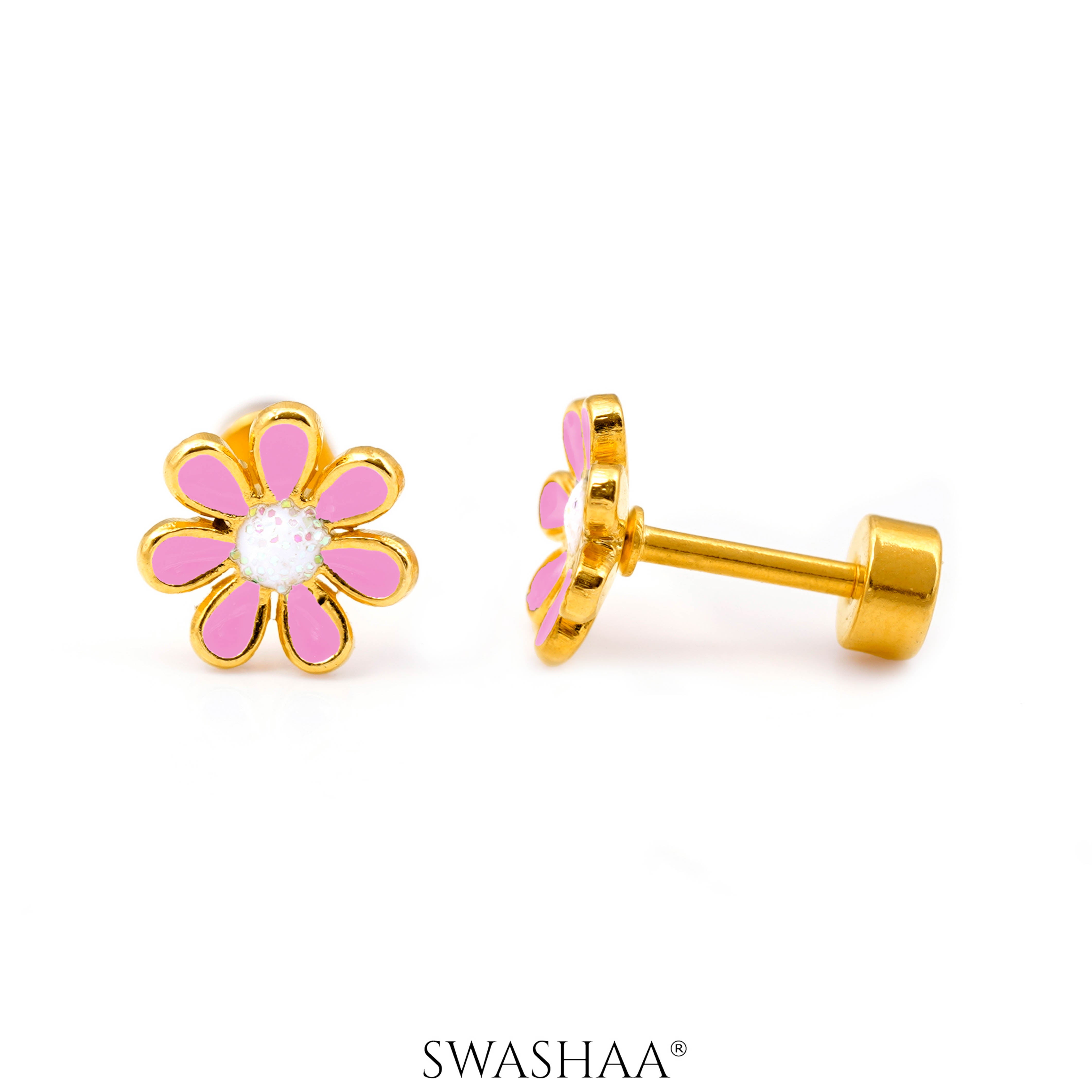 Miss Flower 18K Gold Plated Kid's Earrings Pink
