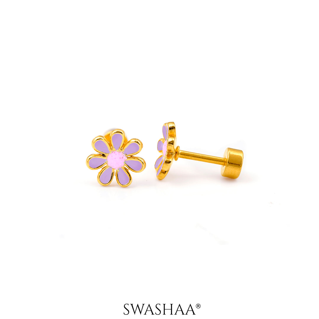Miss Flower 18K Gold Plated Kid's Earrings Purple