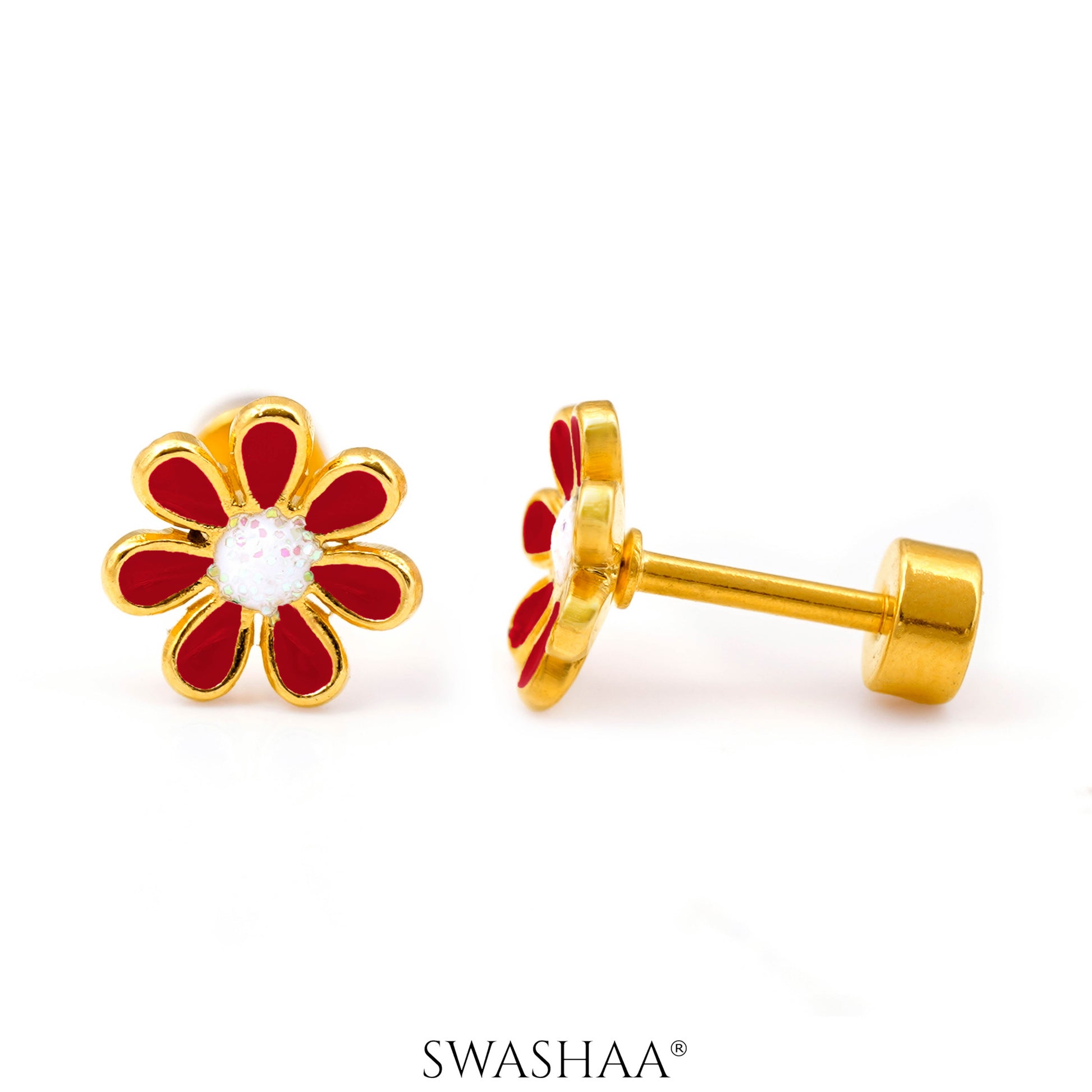 Miss Flower 18K Gold Plated Kid's Earrings Red